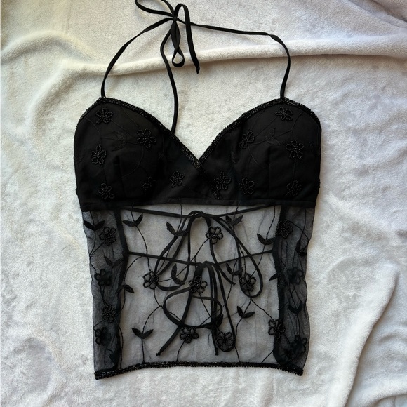 Black Sheer Floral Embroidered Halter Top - Picture 2 of 6